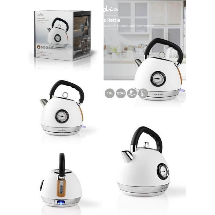 Bouilloire Electrique BLANCHE Base Sans fil avec température -en Acier inoxydable et Bois BLANCHE doux au touché