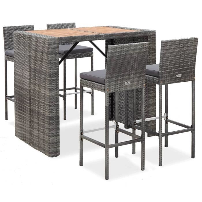 Ensemble de bar 5 pcs Table haute cuisine 2 à 4 personnes style contemporain Résine tressée et bois d'acacia Gris