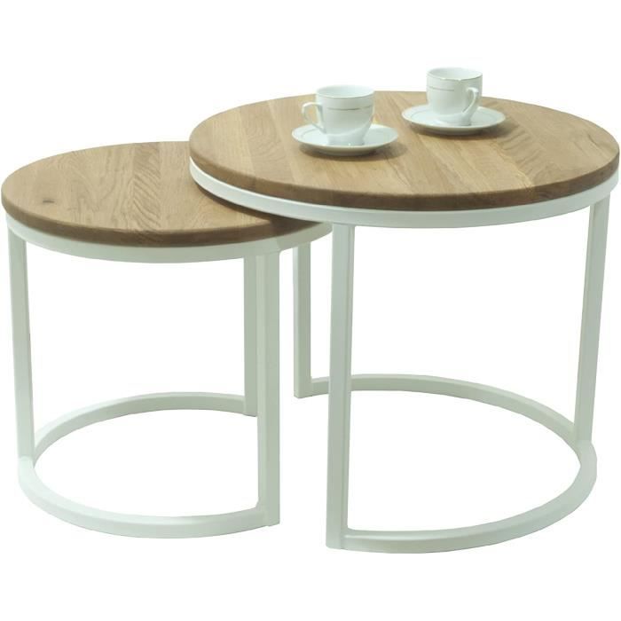 ModenaLot de 2 Tables Basses de Salon en Bois Massif de Chêne Naturel au Design Industriel Minimaliste ModerneRondeØ50x43 cm - 918