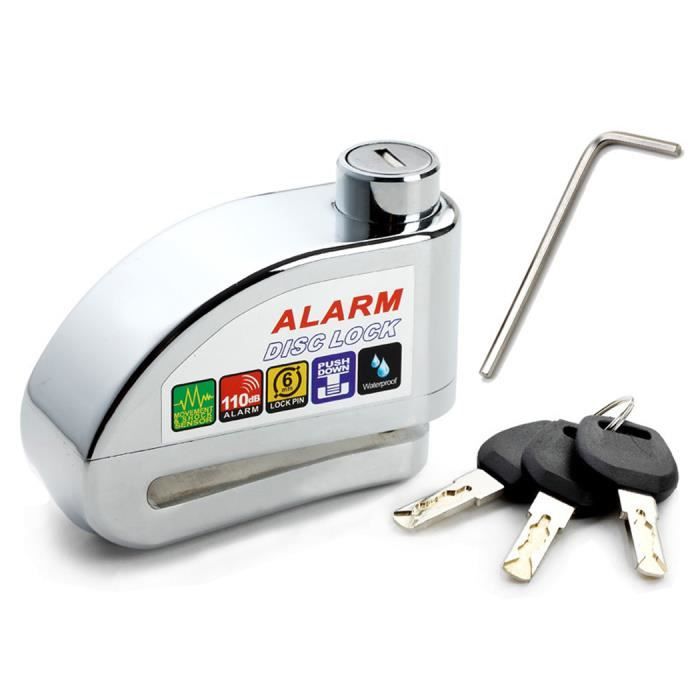 Antivol Moto Alarme Moto Bloque Disque Son d'Alarme 110db pour Moto/Vélo/Scooter/VTT avec 3 Clés et 1 Clé Hexagonale - Argent