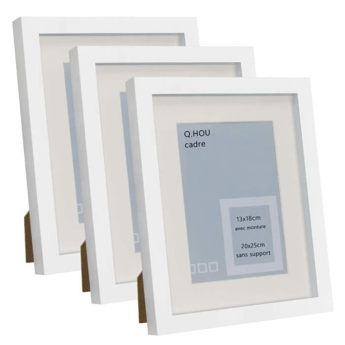 HAP TIM Cadre photo 20x25 cm avec passe-partout, support pour photo 7x5cm-10x8cm sans passe-partout, x3, façade en verre- blanc