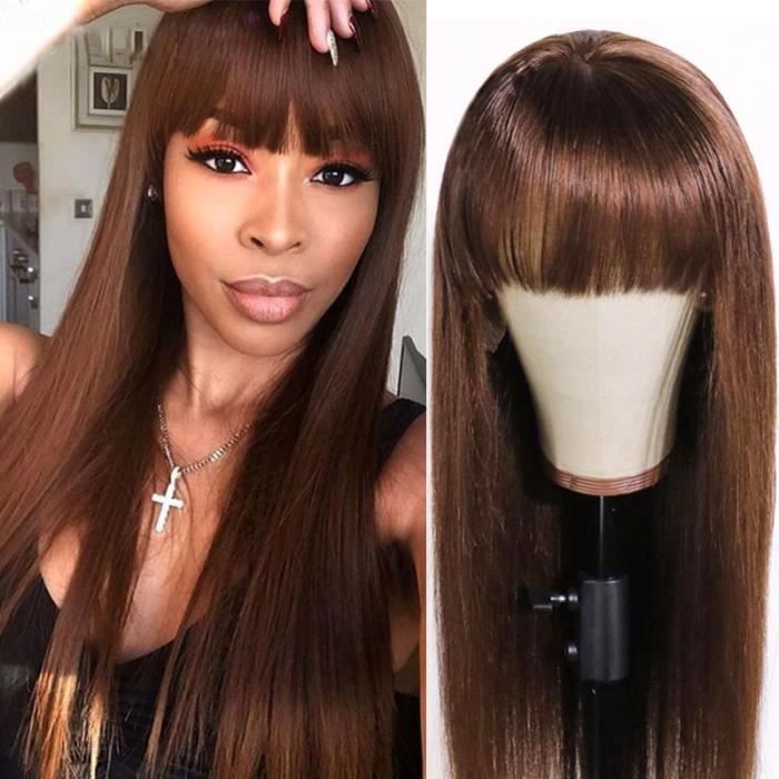 24- droit perruque brésilienne naturelle lisse avec frange cheveux Remy brun moyen faite Machine No lace