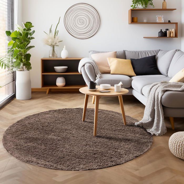 Tapis moderne uni poils longs frisés rond taupe lavable 160 cm de diamètre