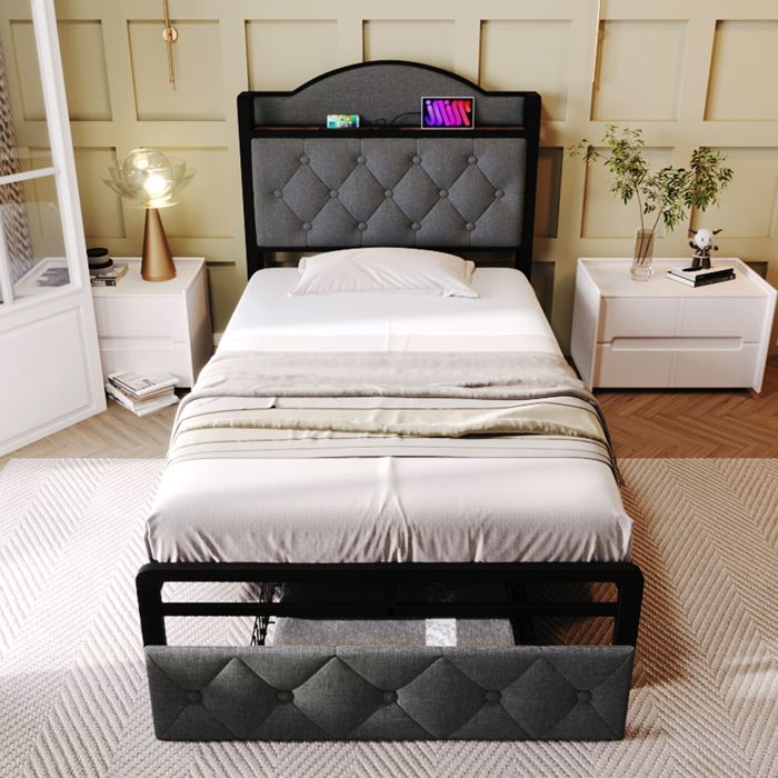 lit simple avec espace de rangement - 90x200cm - cadre en métal - noir