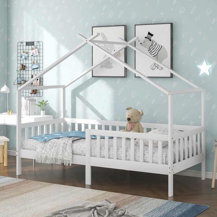 Lit Cabane pour Enfant 90 x 200 cm en Bois de Pin avec Protection Anti-Chute et Sommier à Lattes Lit dEnfant Pieds Hauts Blanc