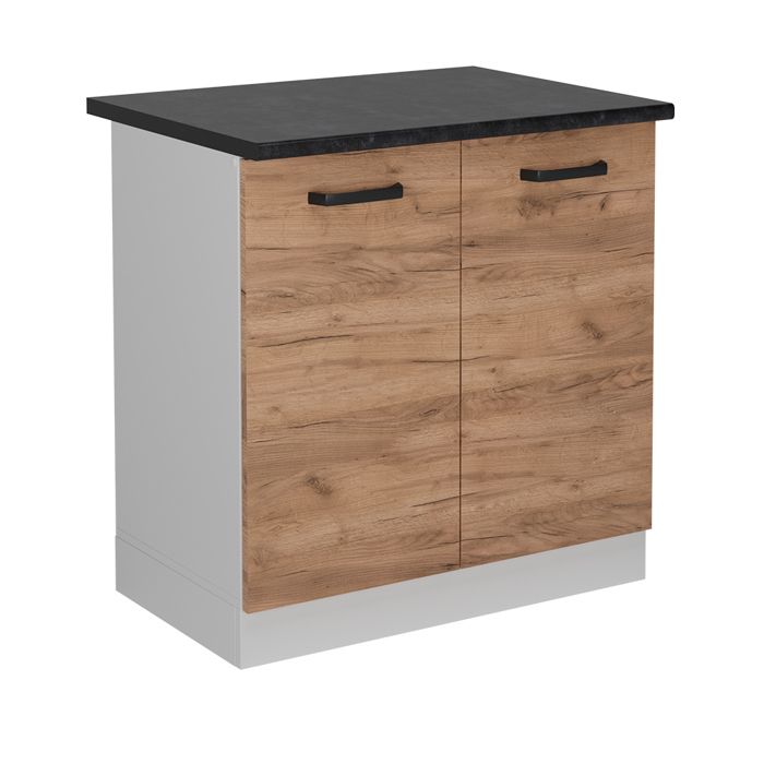 Meuble Bas Cuisine Sous Évier 80 Cm - Style Chêne Doré/Anthracite - Avec Étagère Intégrée - Fame Line
