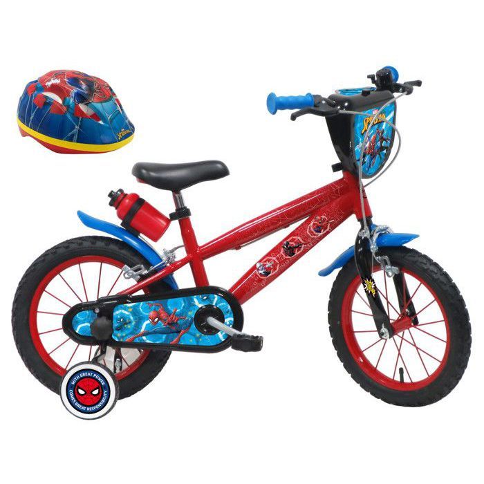Vélo Enfant Spider-Man 16 Pouces - Rouge Avec Accessoires, Freins à Main, Roues Stabilisatrices Amovibles