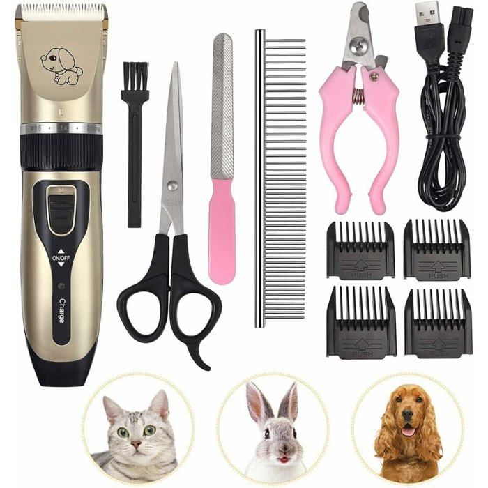 Tondeuse de Chien Chat avec Poil Long Epais Professionnel Silencieux Tondeuse Rechargeable Electrique sans Fil avec Ciseaux et