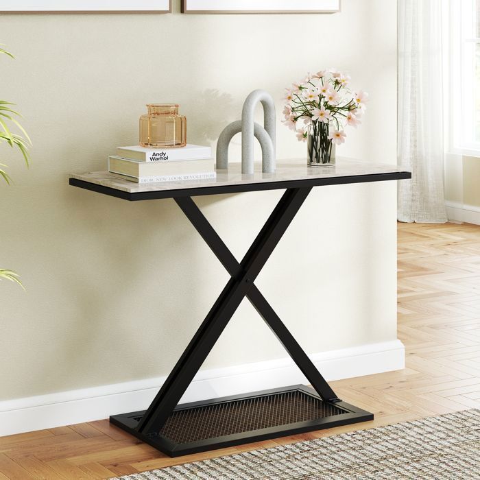 Table Console 110x30x81cm Plateau Faux Marbre Doré - Table D'Entrée Moderne Avec Kit Anti-Bascule