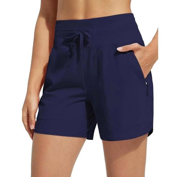 Short de Sport Femme 2 en 1 Taille Haute Short de Course Avec Poche Zippée Pour Fitness Yoga Jogging - Bleu Marine
