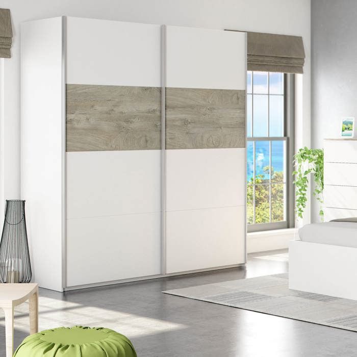 Armoire avec 2 portes coulissantes - Coloris blanc et chêne - AR81002 - Blanc - Terre de Nuit
