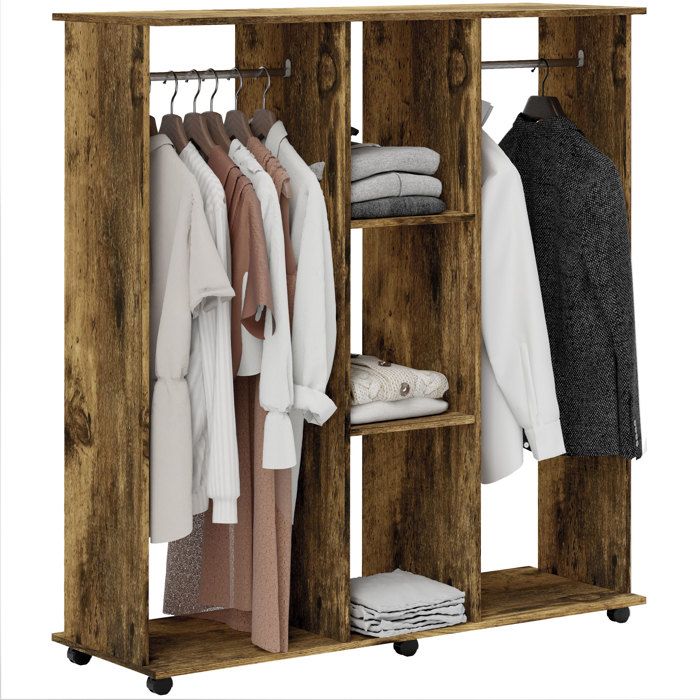 Armoire penderie - HOMCOM - mobile 6 roulettes - 2 barres de penderie - 2 tablettes au milieu - en bois - 120 x 40 x 128 cm - marron