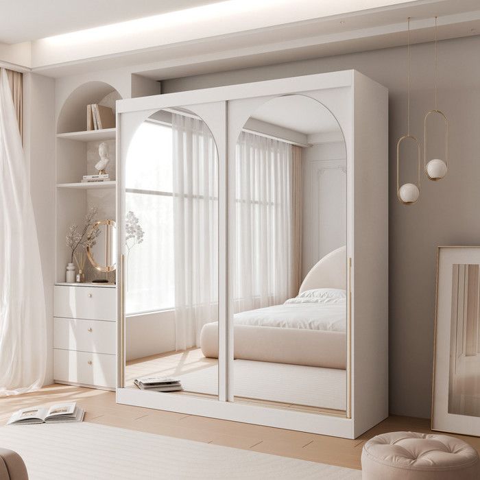 Armoire CLARITY - 7 compartiments - avec miroir - 180x65x215 cm - Poignées blanches / or