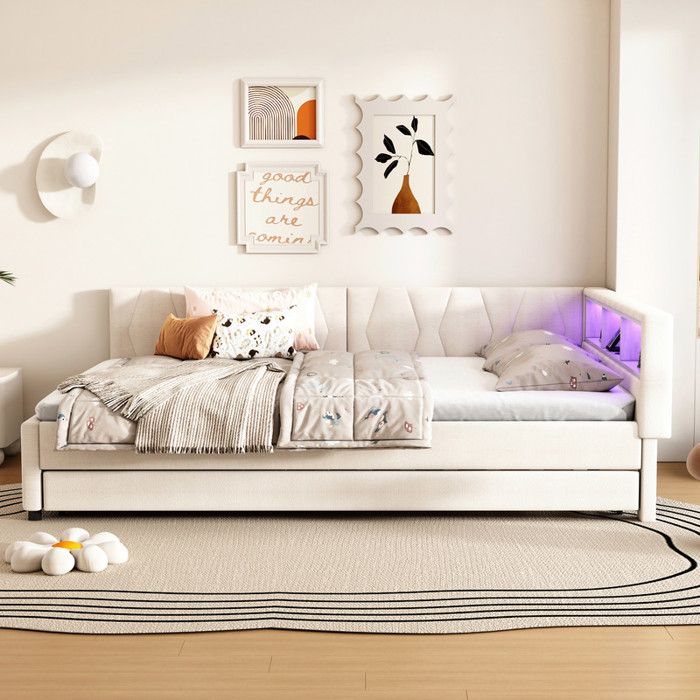 Canapé Lit Double 140x200 cm avec Lit Gigogne Lit 2 Personnes avec Sommier à Lattes Lit Double LED avec USB+Type C Beige