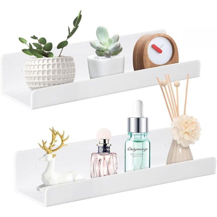Étagère Murale Flottante sans Perçage Lot de 2 Etagère Murale en Acrylique Blanc Étagères Murales sans Trous pour Chambre Étagère D