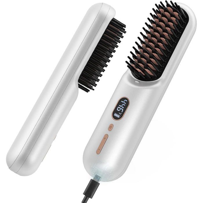 Brosse à lisser les cheveux sans filbrosse à lisser portable améliorée pour femme avec taille de voyagepeigne chaudBlanc