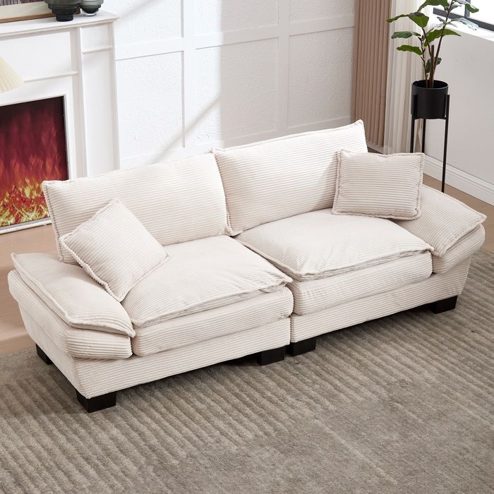Canapé droit 2 Places Confortable- Assise Ultra-Profonde- Rembourrage Élastique- 224×81×81cm- Beige