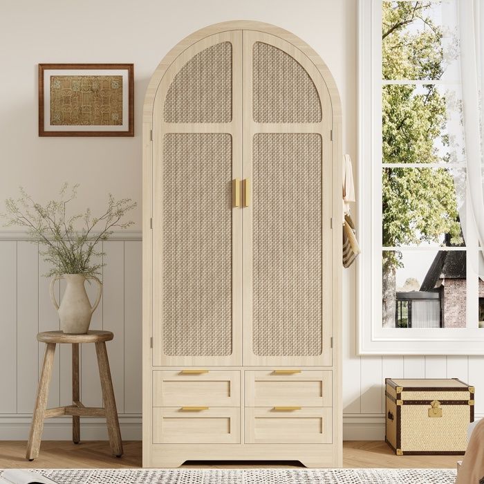 Buffet moderne avec 2 portes en rotin et 4 tiroirs Buffet haute avec penderie Armoire pour salon chambre cuisine ou entrée Bois