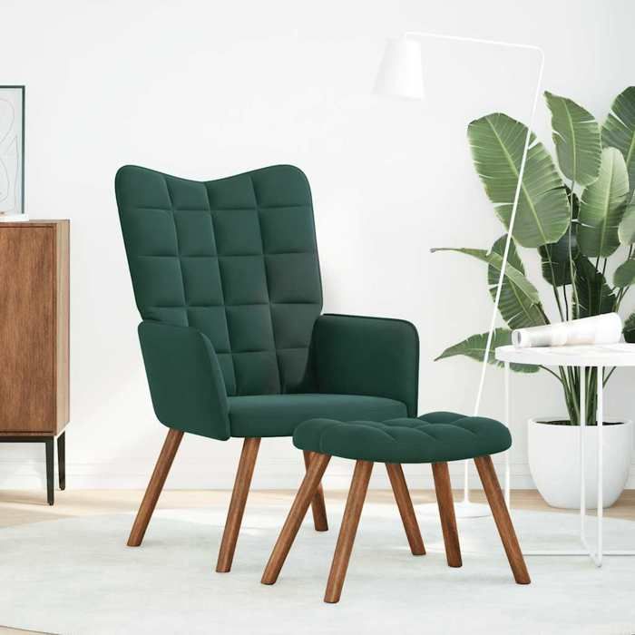 NEUF 2026 CHIC Chaise simple SWEETY Fauteuil relax 1 PLACE avec tabouret en velours vert foncé 61.5x69x95.5 cm FF4663
