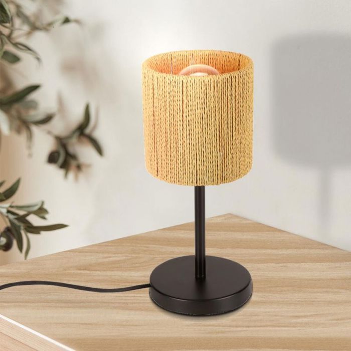 Lampe de table - SMOTOP - Abat-jour chanvre 14 cm - Métal noir - E27 60W (sans ampoule)