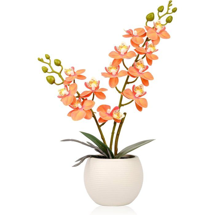 Orchidée artificielle en pot - ESTAMPILLE - Fleurs orange - 2 tiges - Pot blanc - 42x20x8 5 cm - Résistant aux chocs