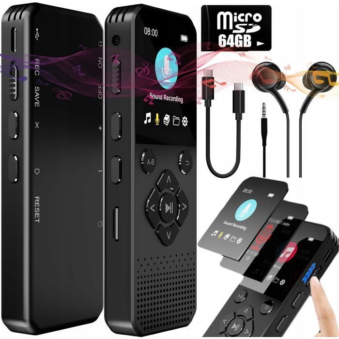 Enregistreur vocal - Multifonction - 64 Go - USB rechargeable - Réduction bruit denregistrement à une touche Adapté aux Réunio