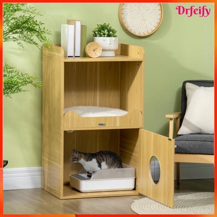 Meuble litière pour chat - AKOZON - 8156 - 2 en 1 (niche + cache-litière) - Coussin amovible - 60x45x103 cm