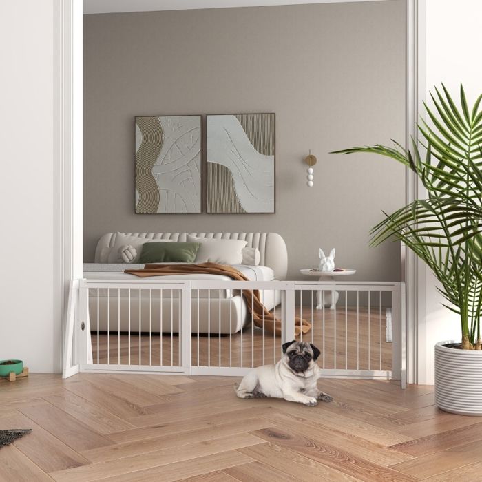Barrière antidérapante pour chien autoportante extensible cadre bois 71-190 x 385 x 56 cm blanc