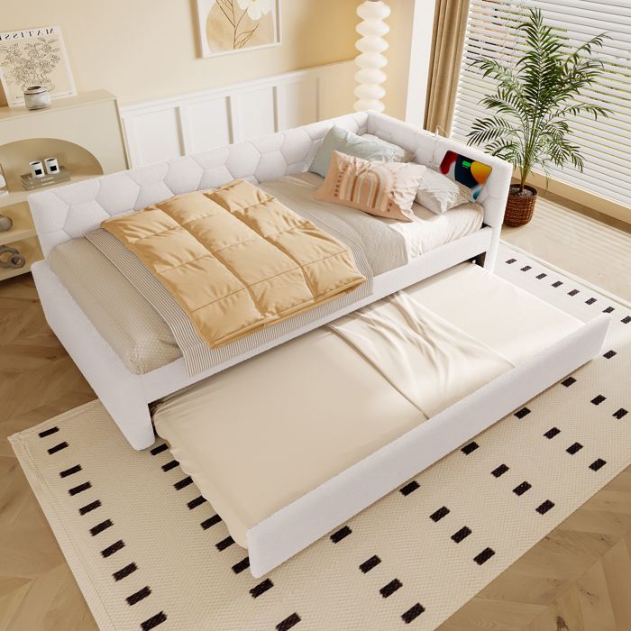 Lit de jour gigogne 90×200 cm lampe de chevet USB Type-C et motif géométrique - BEAUNIV - sans matelas bouclette blanc