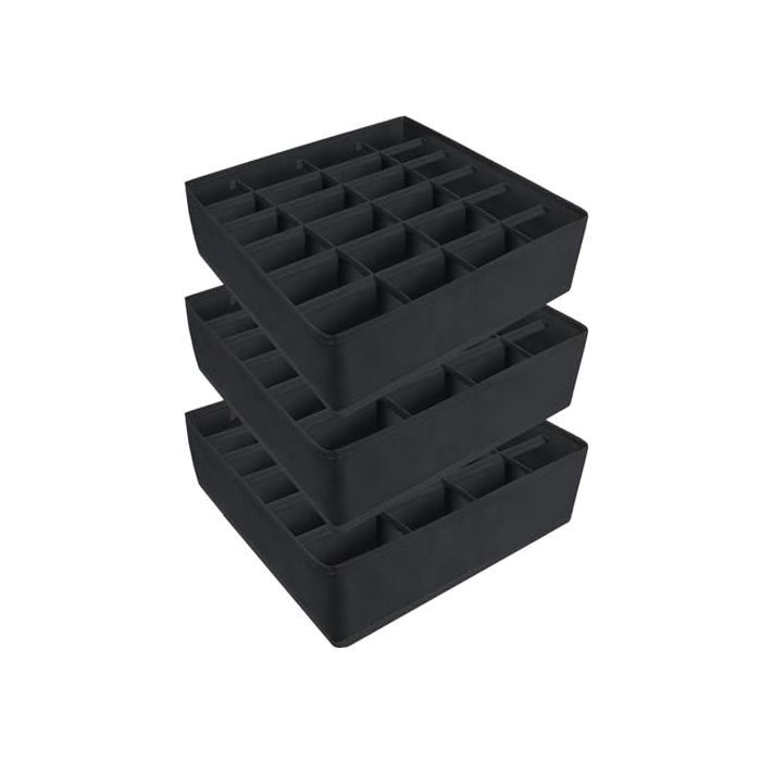 Lot de 3 Organisateur Tiroir Boîtes de rangement sous vetement pliables en textile respirant pour chaussettes et cravates (Noir)