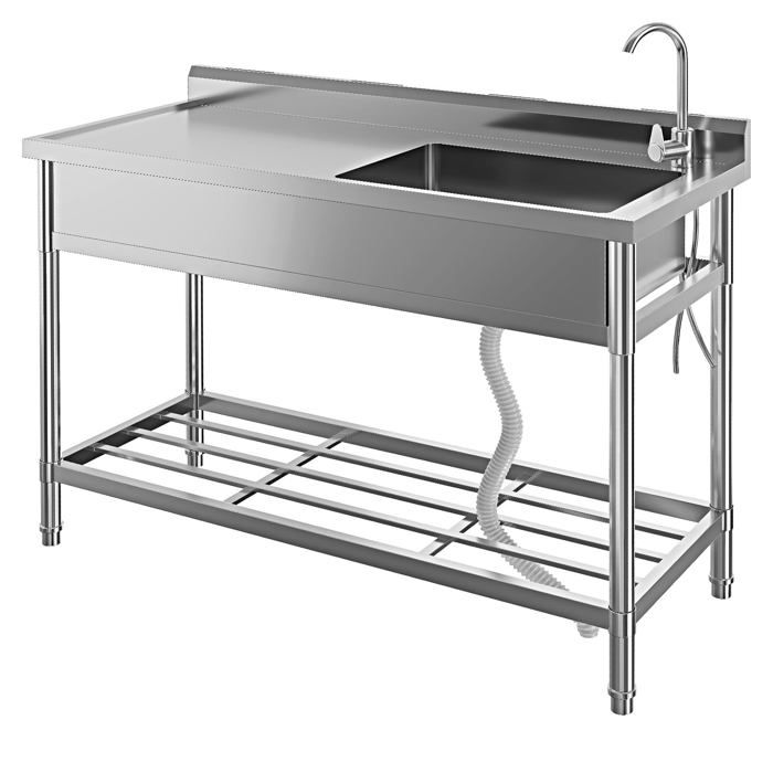 Lavabo sur pied inox - LUNSY - Acier inoxydable 304 - Robinet pivotant 360° - Eau chaude et froide - Grand bac unique