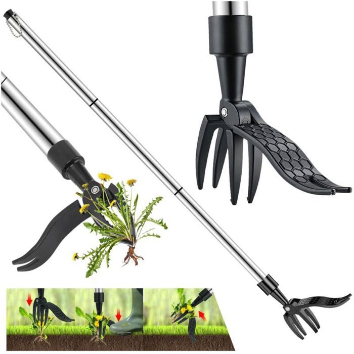 Désherbeur Manuel Arrache-Mauvaises Herbes 100Cm Avec 3 Griffes En Inox Et Pédale DEnlèvement Des Racines Outil De Désherbage