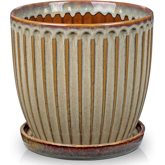 Pot en céramique côtelé pots de fleurs avec sous-plateaux de drainage pour plantes intérieur Marron Vintage 1 Pièce