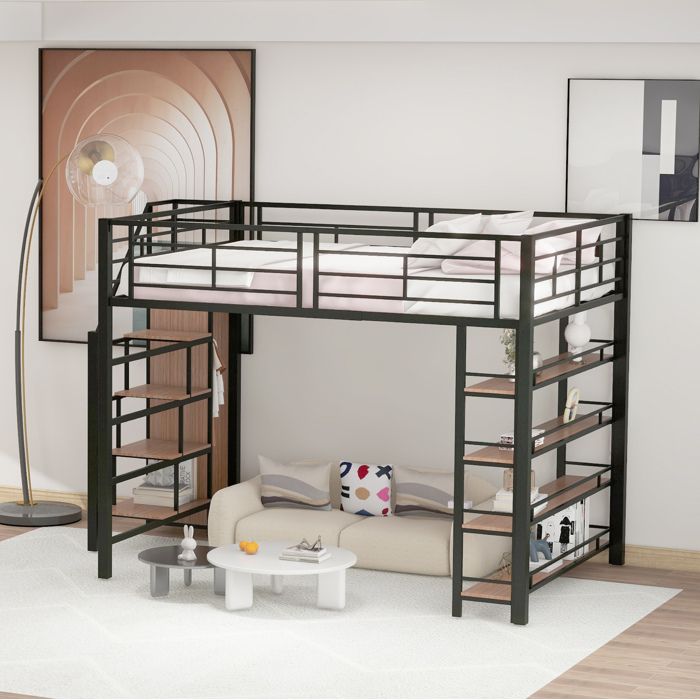 Lit haut 140x200 cm avec escalier sécurisé rangement petit placard étagères design barrière noir