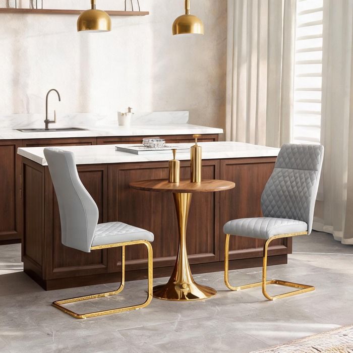 Ensemble table et chaises salle à manger – Table ronde 60 cm chêne doré et 2 chaises gris clair métal doré style contemporain chic