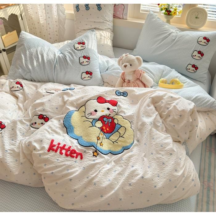 housse de couette 200×230cm + drap 235×250cm + 2 taies 48×74cm broderie kawaii lavable machine