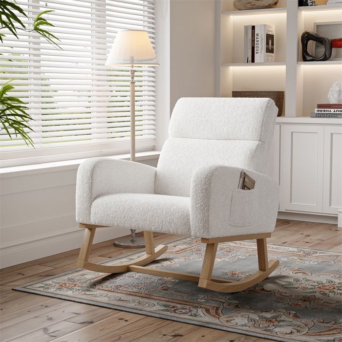 Chaise à bascule moderne - Fauteuil à bascule rembourré - Rocking chair blanc avec accoudoirs et poches latérales