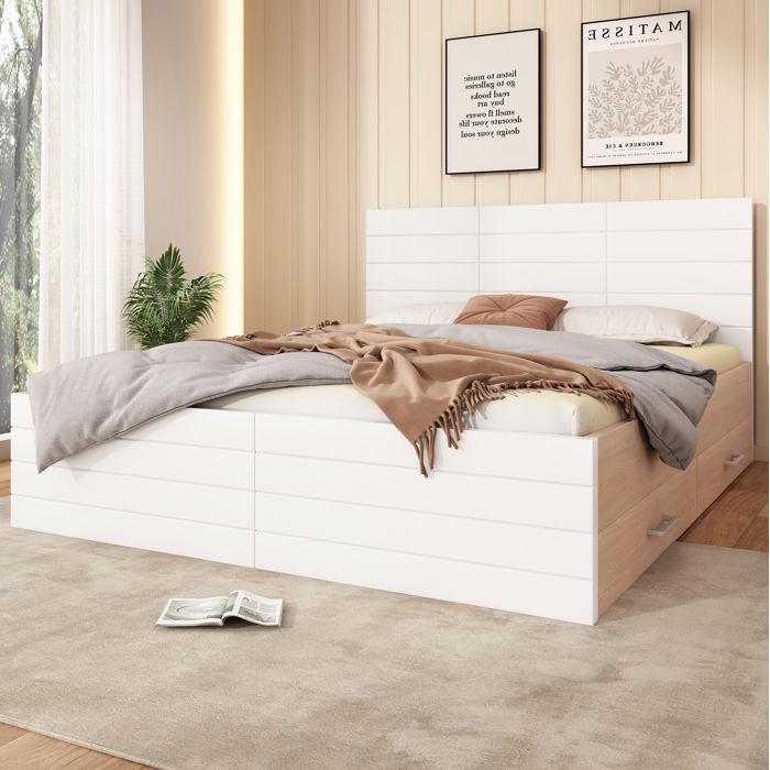 WOVREO Lit double 140x200 cm avec 2 tiroirs sommier à lattes inclus blanc et chêne clair