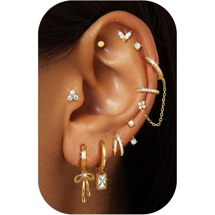 Boucles DOreilles Femme Hypoallergénique Acier Inoxydable Boucle DOreille Pendantes Stacks Argent Plaqué Or 14K Lot Boucle[PP177]