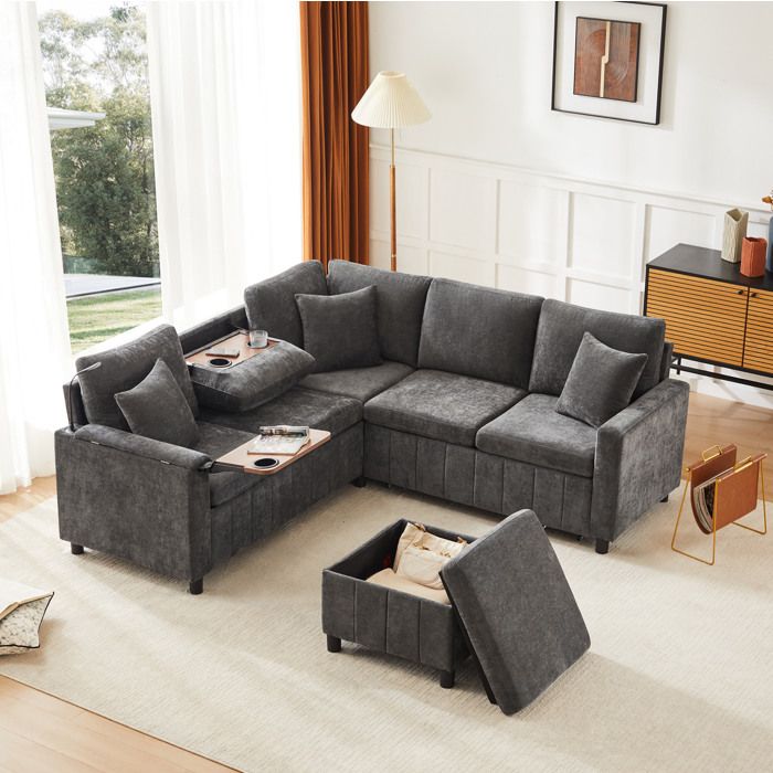 Canapé dangle convertible AESVAR en chenille grise 205 x 205 x 85 cm avec pouf de rangement