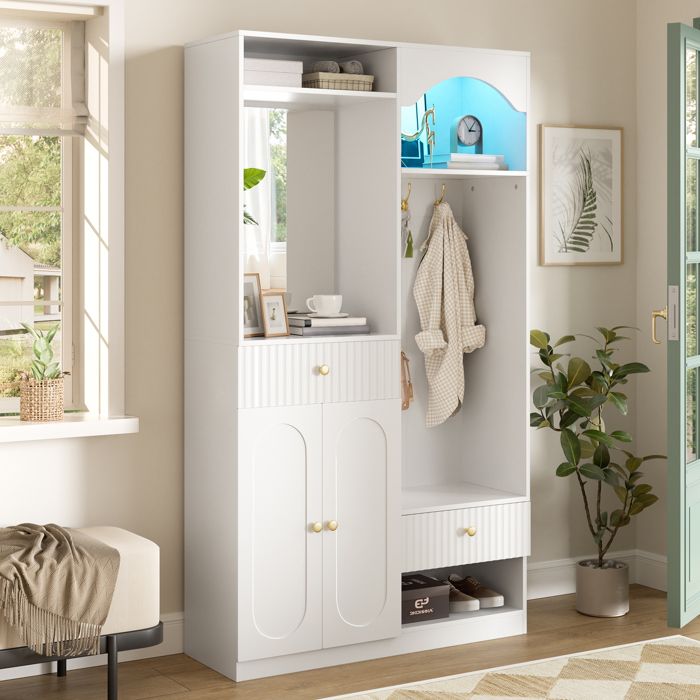 Vestiaire d’Entrée - LEMLIT - Meuble avec Miroir Banc Range-Chaussures Patères LED RGB via Appli Blanc 100 x 35 x 180 cm