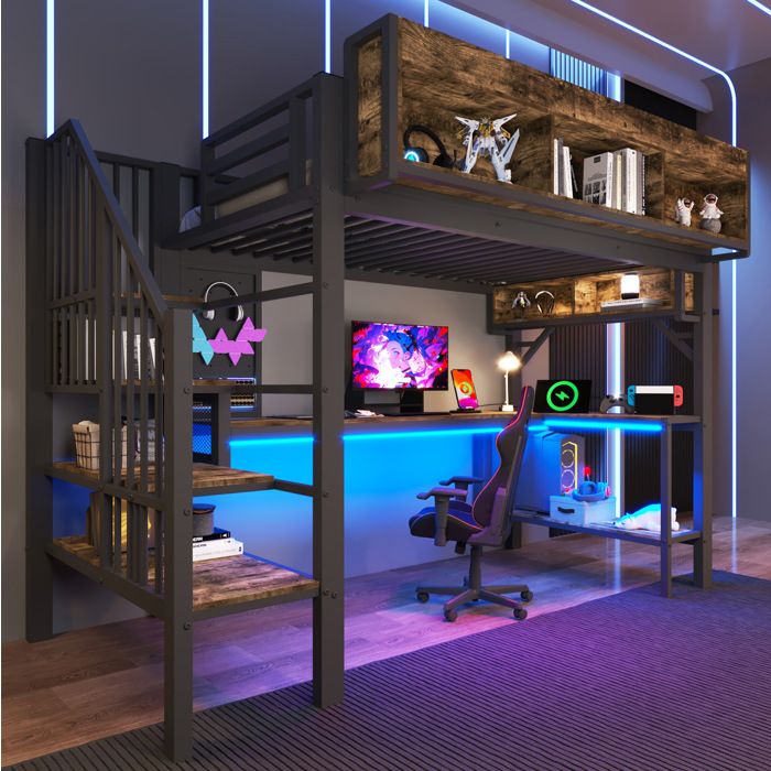 Lit Mezzanine Enfant 1 Place 90×200 cm Bureau d’Angle Rangements et LED - HAVRYA - Sans Matelas MDF et Métal Noir Vintage