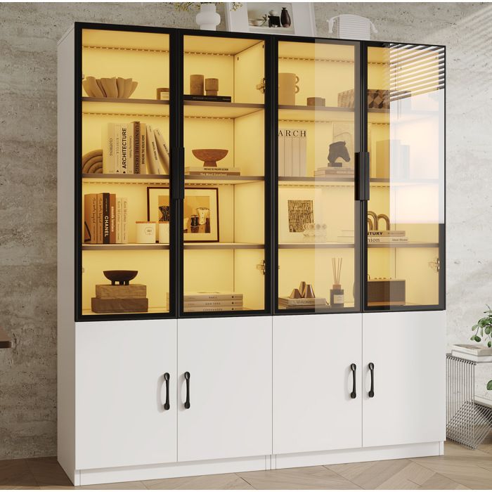 Vitrine haute LED EVRYAE 120 x 40 x 160 cm en verre fumé cadre aluminium blanc rangement bas