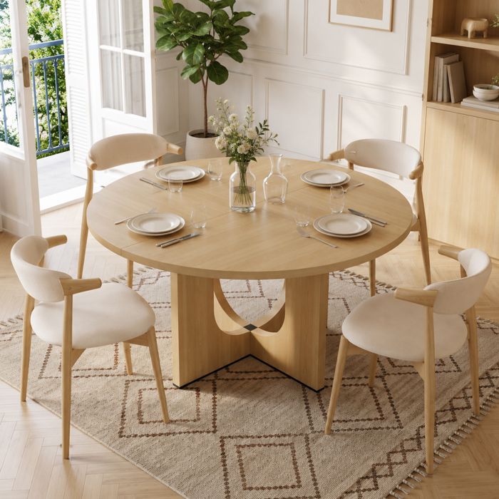 Table à Manger Ronde Ø120 cm 4-6 Personnes Piètement Central Sculptural Style Scandinave Chêne Clair