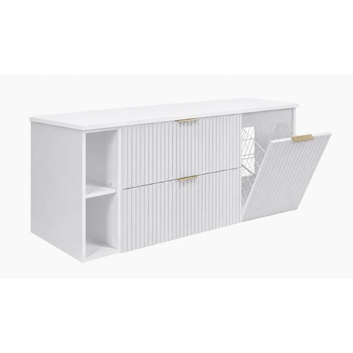Meuble sous vasque - Blanc poignées dorées 140x57x46 - Suspendu - 2 tiroirs - Panier à linge