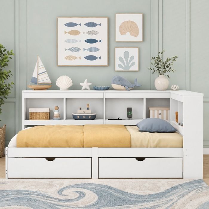 Lit banquette 90 x 200 cm blanc avec 2 tiroirs prise intégrée 2 ports USB et sommier à lattes