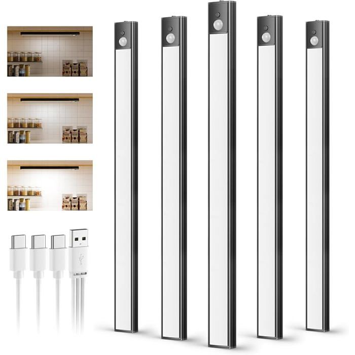 Luminaires de cuisine sous armoire noirs rechargeables Pack de 5 3 niveaux de luminosité lumières à Noir 6000k ECLAIRAGE DE MEUBLE