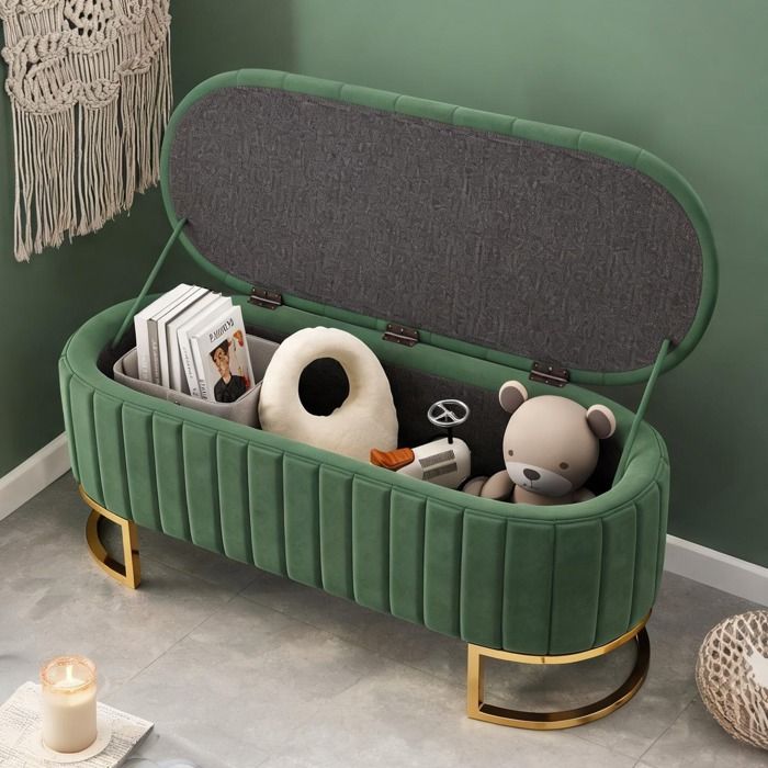 Banc de rangement 120 cm en tissu velours sage green coffre et pieds métal