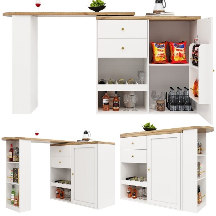 COZHYESS Table de Bar 105x39x102 Table Haute Table Bistro Rotative avec 2 Tiroirs 5 compartiments 1 Porte Blanc