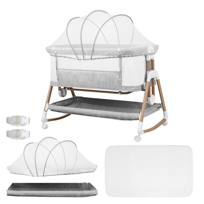 Lit Bébé Berceau Cododo- avec Matelas Mousse Haute Densité - 6 Réglages de Hauteur - Roulettes 360° et Panier de Rangement